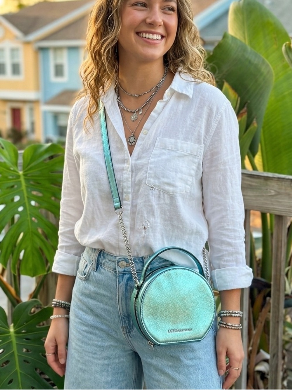 BCBGeneration Teal Metallic Circular Crossbody Bag Round Shimmer Faux Leather